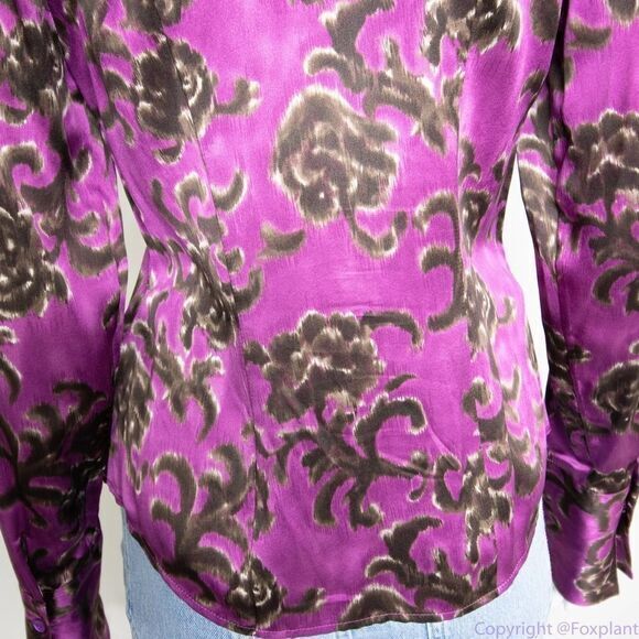 Linda Allard Ellen‎ tracy silk floral print purple shirt, size Petite 2 - Picture 10 of 16